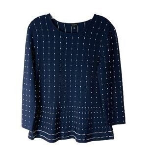 Talbots blue white polka dot stretchy knit preppy coastal nautical top medium